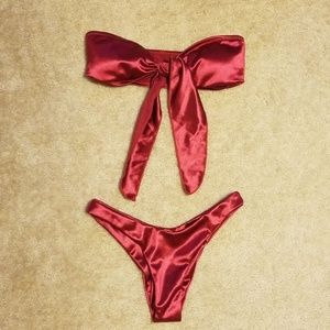 Red satin bandeau bikini set